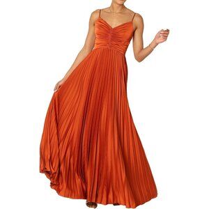 Women's A-orange Polyester Pleated Adjustable Spaghetti Strap Maxi Dress